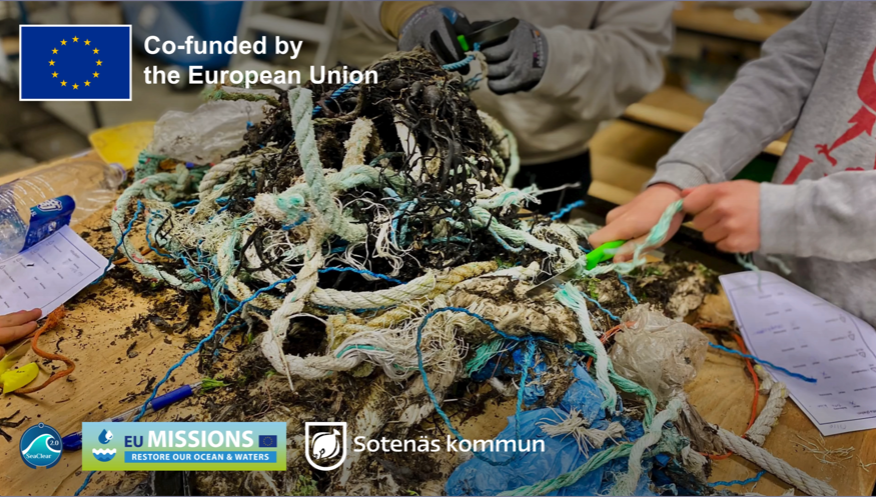People sorting through a pile of marine debris including ropes, nets, and plastic waste on a wooden table. The activity is co-funded by the European Union and associated with EU Missions and Sotenäs kommun, as indicated by logos and text on the image.